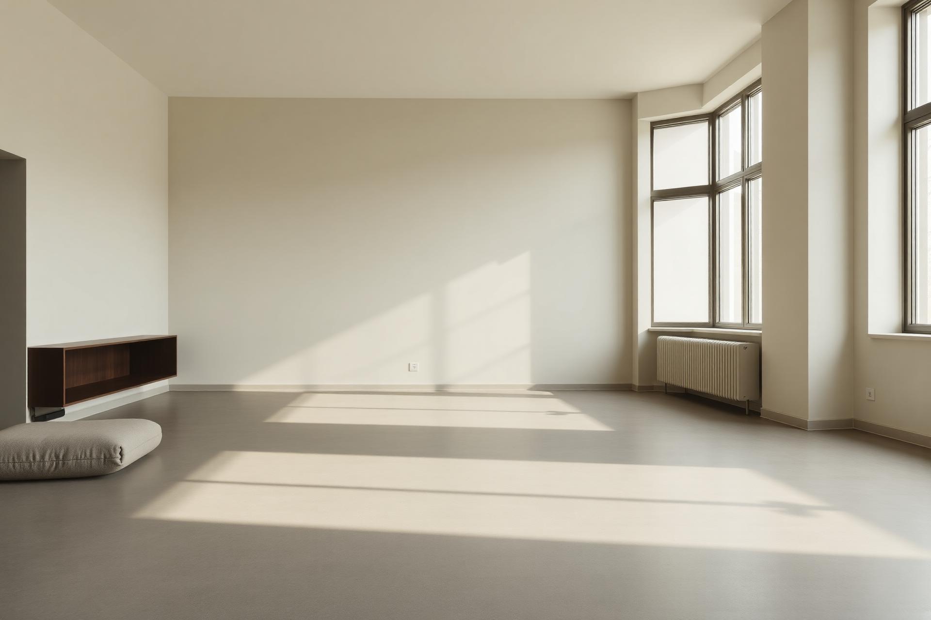 Minimalistisk rum med poleret mikrocementgulv